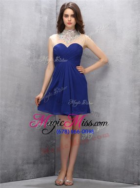 Royal Blue Zipper High-neck Beading Prom Gown Chiffon Sleeveless
