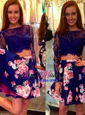 Glittering Royal Blue Prom Homecoming Dress Prom and For with Lace Bateau Long Sleeves Zipper