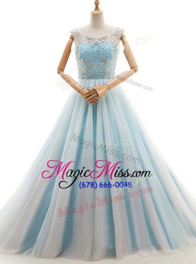 Latest Scoop Sleeveless Tulle With Train Court Train Lace Up Winning Pageant Gowns in Light Blue for with Beading