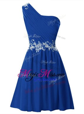 Cheap Royal Blue A-line One Shoulder Sleeveless Chiffon Mini Length Zipper Appliques and Ruffles Homecoming Dress