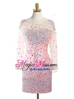 Dramatic Scoop Pink Long Sleeves Mini Length Beading Zipper Mother Of The Bride Dress