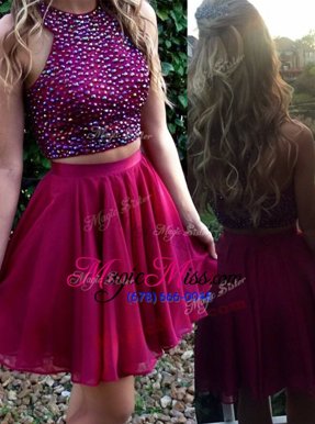 Discount Scoop Fuchsia Sleeveless Beading Mini Length Dress for Prom
