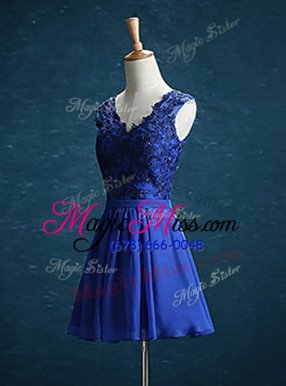 Custom Design A-line Prom Dresses Royal Blue V-neck Chiffon Sleeveless Mini Length Zipper