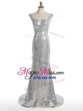 Classical Mermaid Square Silver Sleeveless With Train Sequins Zipper Evening Outfits