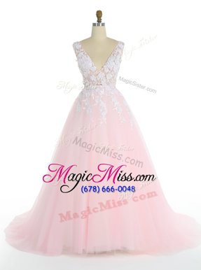 Pink A-line V-neck Sleeveless Tulle With Train Sweep Train Zipper Appliques