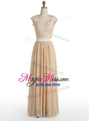 New Style Champagne V-neck Side Zipper Lace Evening Dress Cap Sleeves