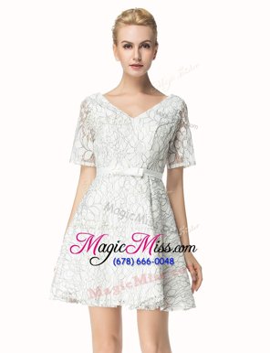 Pretty Lace V-neck Short Sleeves Zipper Sashes|ribbons Evening Dress in White