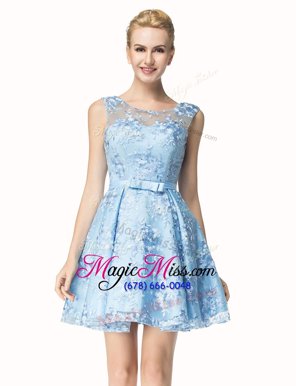 Superior Scoop Lace Sleeveless Mini Length Bowknot Zipper Teens Party Dress with Light Blue