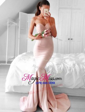 Hot Sale With Train Mermaid Sleeveless Pink Dress for Prom Brush Train Zipper