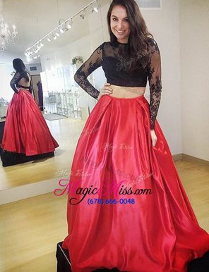 Charming Red Satin Backless Military Ball Gowns Long Sleeves Floor Length Lace