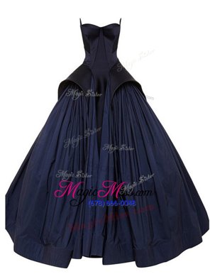 Stunning Sleeveless Taffeta Floor Length Zipper Hoco Dress in Navy Blue for with Ruching