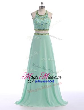 Affordable Apple Green Prom and For with Beading Scoop Sleeveless Sweep Train Criss Cross