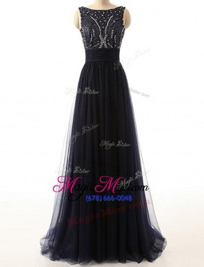 New Arrival Backless With Train Navy Blue Prom Evening Gown Tulle Sweep Train Sleeveless Beading