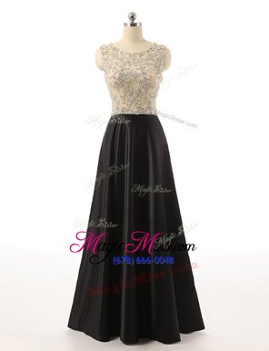 Black A-line Scoop Sleeveless Satin Floor Length Side Zipper Beading Evening Dress