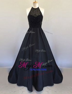 Comfortable Black A-line Halter Top Sleeveless Satin Floor Length Zipper Beading Dress Like A Star