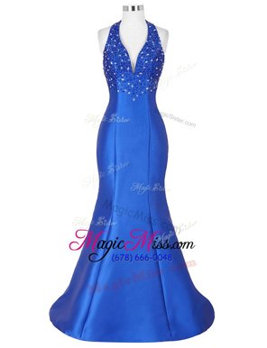 Mermaid Halter Top Beading Prom Dresses Royal Blue Lace Up Sleeveless Floor Length