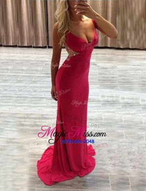 Stunning Elastic Woven Satin V-neck Sleeveless Brush Train Zipper Beading Formal Evening Gowns in Pink
