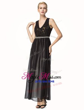 Black A-line Chiffon V-neck Sleeveless Beading and Pleated Ankle Length Backless Evening Dress