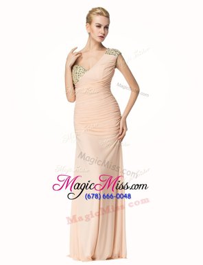 Mermaid One Shoulder Peach Sleeveless Floor Length Beading and Ruching Zipper Prom Dress