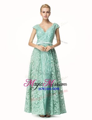 Best Selling Lace Cap Sleeves Pleated Zipper Evening Dress with Turquoise