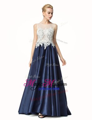 Flare Navy Blue Sleeveless Brush Train Beading and Lace Mother Of The Bride Dress
