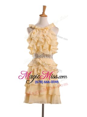 Ideal Halter Top Sleeveless Prom Dresses Knee Length Beading and Ruffles Yellow Chiffon