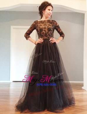 Admirable Black Bateau Neckline Beading and Lace Mother Of The Bride Dress 3|4 Length Sleeve Backless