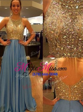 Trendy Blue A-line Scoop Sleeveless Chiffon With Brush Train Zipper Sequins Prom Party Dress