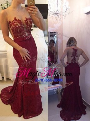 Best Mermaid Scoop Chiffon Sleeveless With Train Prom Dress Court Train and Beading and Appliques and Bowknot