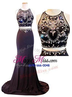 Traditional Scoop Black Two Pieces Beading and Appliques Prom Dress Zipper Chiffon Sleeveless With Train