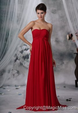 Red Empire Strapless Watteau Chiffon Ruched Prom Dress