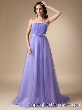 Lilac A-line Strapless Brush Train Taffeta and Tulle Beading Prom / Celebrity Dress