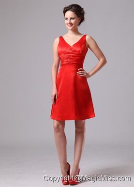Red Ruch V-neck Satin Knee-length Celebrity Dress For Custom Made In Augusta Georgia