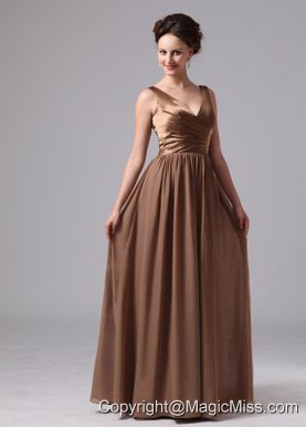 Brown V-neck Prom Dress For Custom Made Satin and Chiffon In Blairsville Georgia