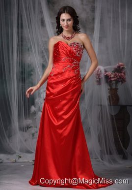 Red Column Sweetheart Brush Train Taffeta Beading Prom Dress