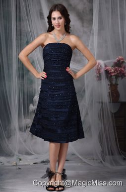 Navy Blue A-line Strapless Knee-length Satin Ruch Bridesmaid Dress