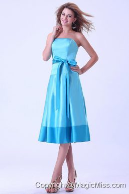 Aqua Blue Bridemaid Dress With Sash Tea-length Satin
