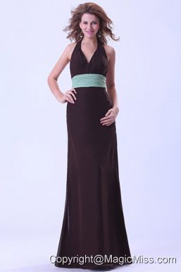 Brwon Prom Dress With Belt Halter Floor-length Backless