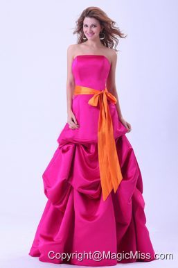 Hot Pink Prom Dress With Orange Sash and Pick-ups A-line Floor-length