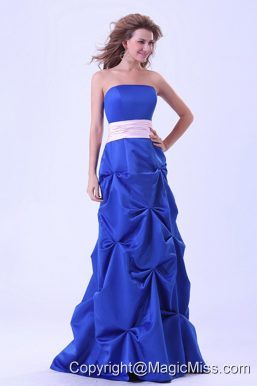 Blue Custom Made Prom Dress Wth Pink Sash and Pick-ups Floor-length