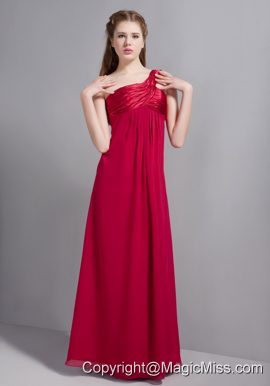 Wine Red Empire One Shoulder Ankle-length Chiffon and Taffeta Ruch Prom Dress