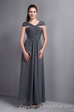 Grey Empire V-neck Ankle-length Chiffon Ruch Prom Dress