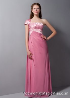Pink Column One Shoulder Floor-length Taffeta and Chiffon Beading Prom Dress
