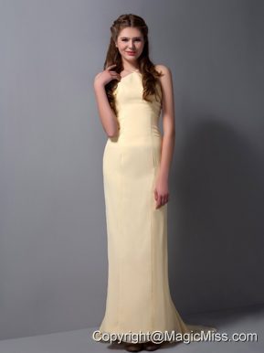 Light Yellow Column Halter Brush Train Chiffon Prom Dress