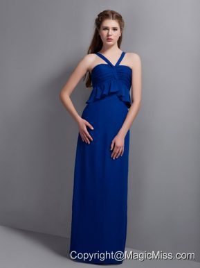 Blue Column V-neck Floor-length Chiffon Ruch Prom Dress