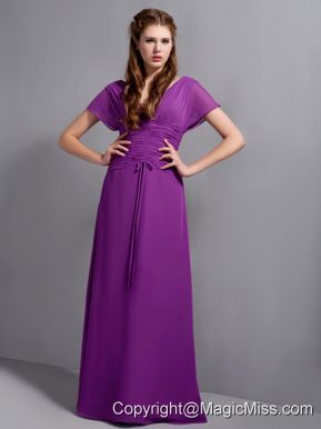 Purple Column V-neck Floor-length Chiffon Ruch Prom Dress