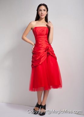 Red A-line Strapless Tea-length Taffeta and Tulle Hand Made Flowers Prom Dress