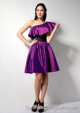 The Most Popular Eggplant Purple A-line One Shoulder Knee-length Taffeta Belt Bridesmaid Dress