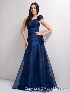 Navy Blue A-line One Shoulder Floor-length Tafeta and Organza Hand Made Flowers Prom Dress