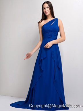 Customize Peacock Blue A-line One Shoulder Ruch Bridesmaid Dress Court Train Elastic Wove Satin and Chiffon